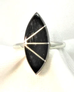 Native American Navajo Black Onyx Ring Size 5 Sterling Silver Inlay Signed #619 - Picture 1 of 7