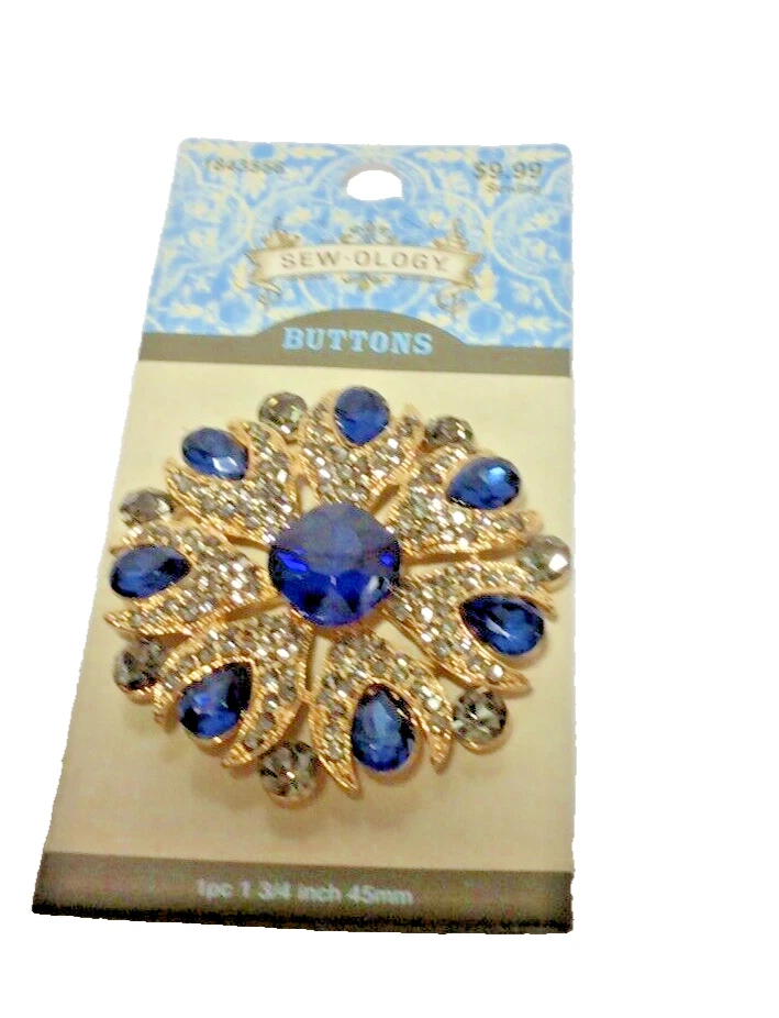 Sew-ology Blue & Gold Rhinestone Shank Button 45mm - Image 1 of 1