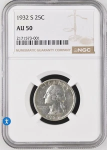 1932-S .25 NGC AU50 Washington Quarter, Silver 25 Cents - Picture 1 of 2