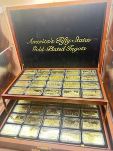 America's Fifty States 18k Gold Plated Ingots Set in Walnut Wood Case - Picture 1 of 8