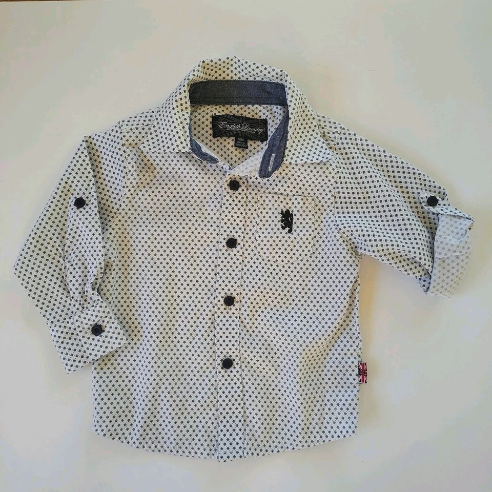 Camisa de vestir inglesa de lavandería para niños pequeños con botones talla 18M algodón dinero antiguo Foto 1 de 4
