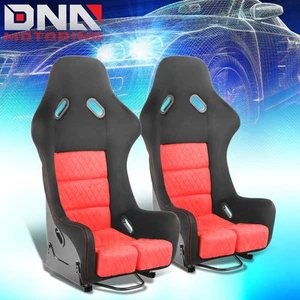 Universal Fixed Position Suede Leather Bucket Racing Seats w/ Side Sliders Red - Picture 1 of 7