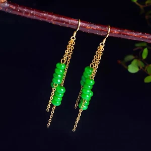 925 Silver Women's Ethnic Style Jade Full Green Earrings - Picture 1 of 8