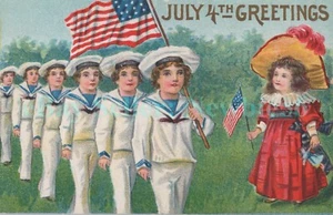 July 4th Greetings- SAILORS & GIRL W/ DOLLS - Embossed Postcard Patriotic Fourth - Picture 1 of 2