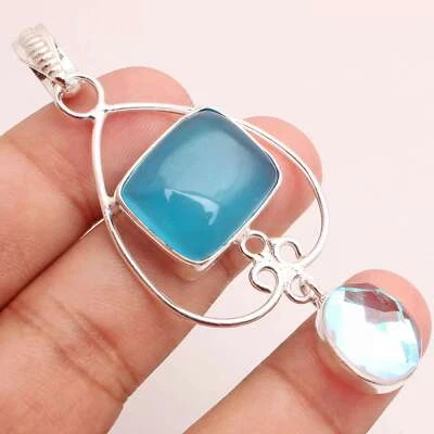 Chalcedony Gemstone Silver Plated Handmade Pendant Jewelry Gift 2.28" P-14097 - image 1 of 3