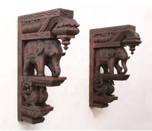 Set Of 2 Wooden Corbel Wall Elephant Bracket Pair Corbel Statue Wall Hanging New