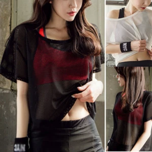 Lässiges atmungsaktives Netz Yoga T-Shirt Sport Kurzarm lockeres Oberteil schnelltrocknend für Damen - Bild 1 von 15