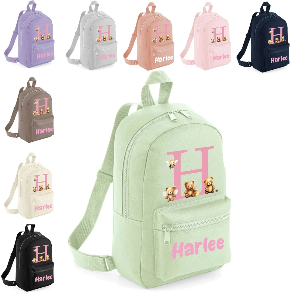 THE BABY BOX UK Personalised Girls Toddler Backpack Mini Bag Nursery School Honey Bear Initial