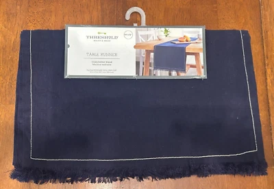 NEW THRESHOLD 14" X 72" NAVY BLUE LINEN/COTTON WASHABLE FRINGE TABLE RUNNER (X3) - Image 1 of 4