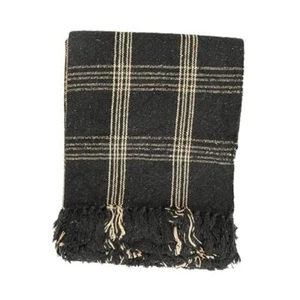 Plaid & Tan Fringed Woven Cotton Blend Throw 60 inch x50 Black - Picture 1 of 8