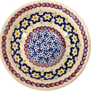 Handmade Polish Pottery Bowl Boleslawiec Blue Yellow Cream Flower Floral 6 1/2" - Picture 1 of 12