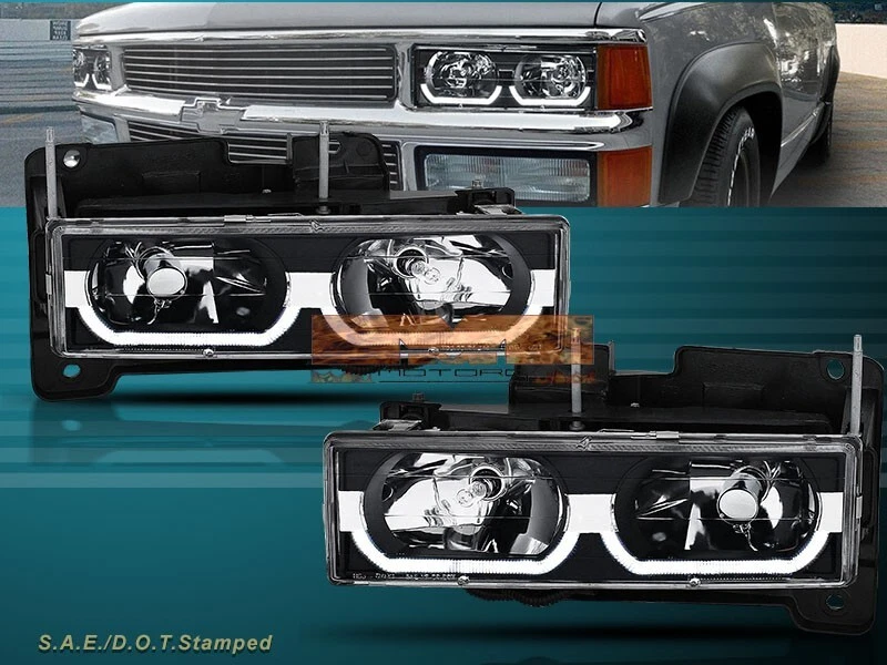 88-99 Chevy Full Size C/K 3500 Tahoe GMC Yukon Suburban Headlights Black LED Bar - Image 1 of 4