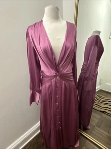 Kate Spade Collection Silky Size 4 Knot Purple Dress Long Sleeve Ruched Deep V - Picture 1 of 14