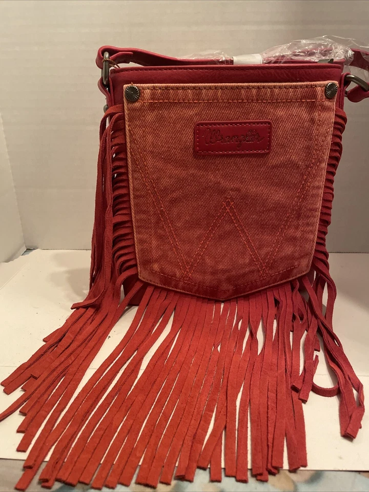 Wrangler Ladies Leather Fringe Denim Coffee Brown Crossbody Bag WG44-8360CF