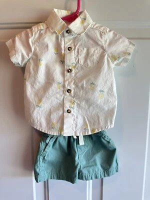 Bebé Niños 3 meses CARTERS 2 piezas Camisa de vestir con botones de piña y pantalones cortos verdes Conjunto Foto 1 de 4