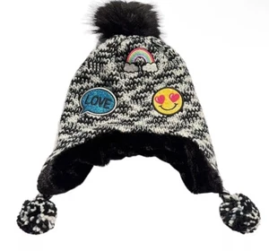 Chunky Knit Emoji Tassled Beanie Black & White Girls OS Hat - Picture 1 of 9