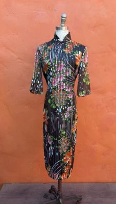 1970s Vintage Floral Cheongsam Dress House Hostess Dress bell sleeves - Image 1 of 4