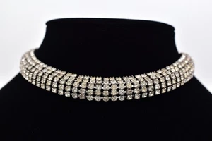 Vintage Crystal Choker Necklace Prong Rhinestone Silver Tone Chunky Shiny Bin7A - Picture 1 of 12