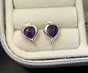 Amethyst Heart Stud Earrings Sterling Silver Natural - Picture 1 of 2