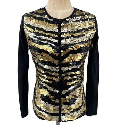 Cárdigan Suéter Michael Simon Vintage Lentejuelas Tigre Plateado Dorado Negro Talla Pequeña Foto 1 de 4