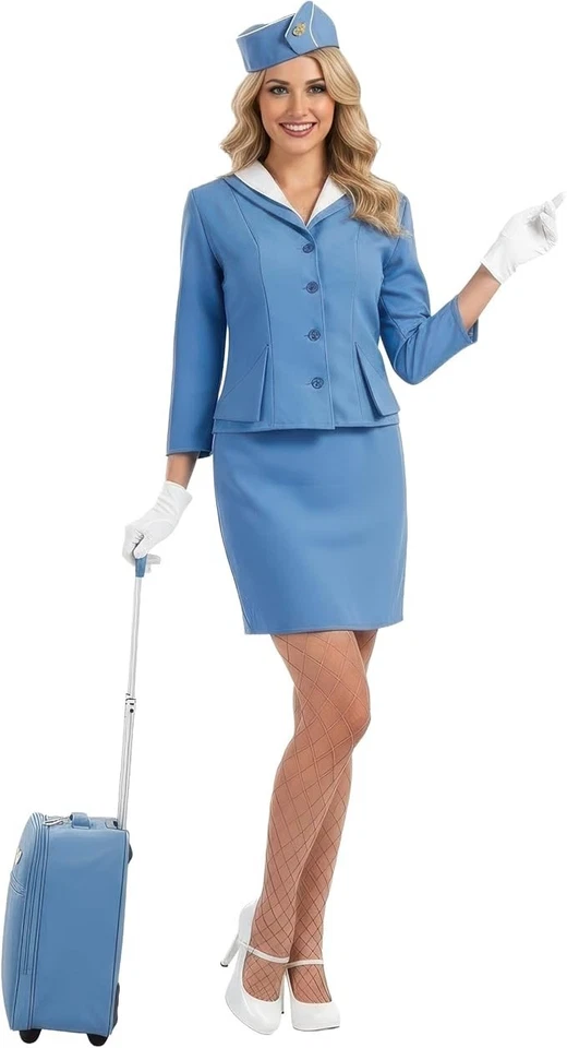 Womens Blue Cabin Crew Costume Ladies Stewardess Air Hostess Uniform S - XXL - Image 1 of 4