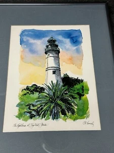 Vintage Key West Lighthouse Watercolor Painting Signed By R. E. Kennedy 8” x 6” - Picture 1 of 9