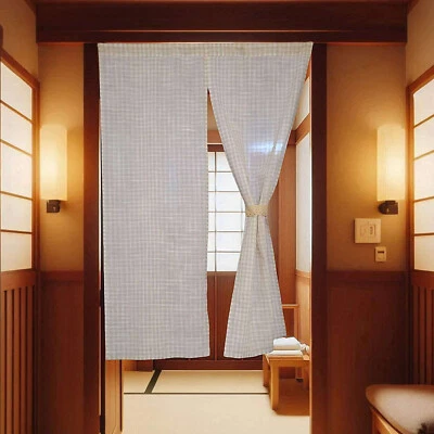 Cortina xadrez de linho Noren, cortina de porta japonesa, divisórias quadriculadas de sala - Imagem 1 de 4