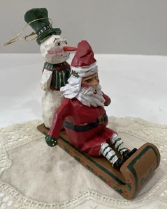 Vintage House Of Hatten Santa & Snowman Sled Toboggan Folk Art Ornament *READ* - Picture 1 of 9