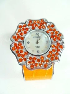 Strada Cuff Watch Bracelet Orange Rhinestone Flower Silver Tone Quartz - Picture 1 of 9
