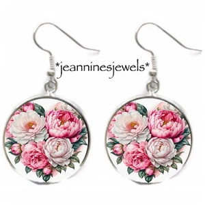 Pink Peony Flowers Heart Valentine EARRINGS Valentines Day Gift Silver Dangle - Picture 1 of 13