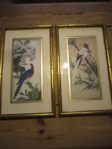 Set 2 dipinti vintage Hung Chu Lee seta cinese uccellino fiori incorniciati - Foto 1 di 17
