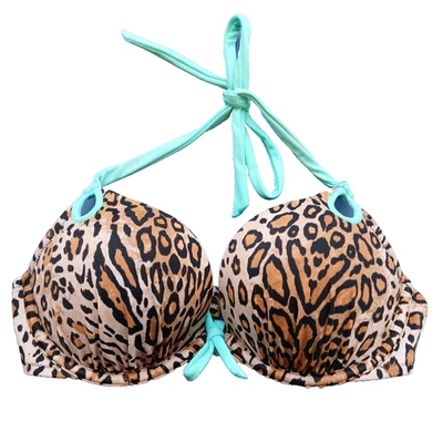 Top de bikini Victoria's Secret Swim Add-2-Cups 32C marrón estampado de leopardo con aros Foto 1 de 4