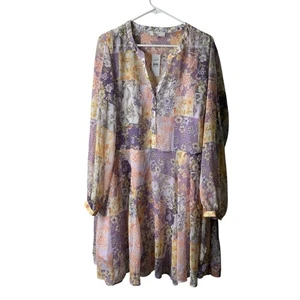 Loft Purple Patchwork Floral Lined Long Sleeve Shirt Dress Size XL NWT - Picture 1 of 6