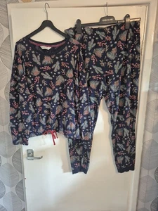 Ladies 'George' Two Piece Cotton Pyjama Set. Navy/ Christmas Theme Print. 16-18 - Picture 1 of 13