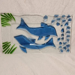 Swimming Dolphins Glass Tray Rectangular 14"x8" - Picture 1 of 7