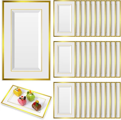Bandeja de servir de plástico a granel con borde de oro blanco elegante rectangular desechable de 30 piezas Foto 1 de 4