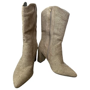 Women’s Pierre Dumas Rhinestone Tan Western Zip Up Heeled Mid Calf Boots Size 11 - Picture 1 of 8