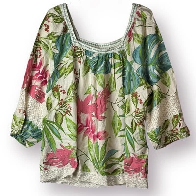 Nicole Miller Top Womens 2X Tropical Floral Linen Blend Balloon Sleeve Boho - Image 1 of 4