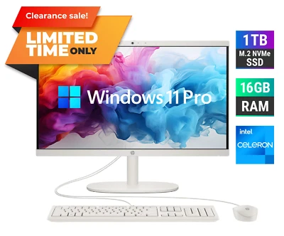 2024 HP All-In-One Computer Desktop 21.5" Intel Celeron 16GB  1TB SSD Win 11 Pro - Image 1 of 4