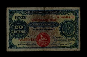 MOZAMBIQUE ( 1 ) BANK NOTE 20 CENTAVOS 5 . 11 . 1914 P 54 FINE - Picture 1 of 2
