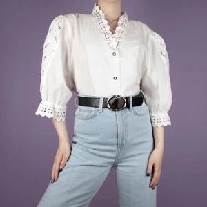 VINTAGE White Prairie Pastel Puffy Crop Womens 90s cottage Blouse Top Large 16 - Picture 1 of 12