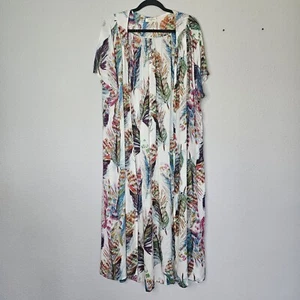 Umgee Long Duster Open Front Robe Womens M Medium Colorful Feather Flowy Casual - Picture 1 of 9