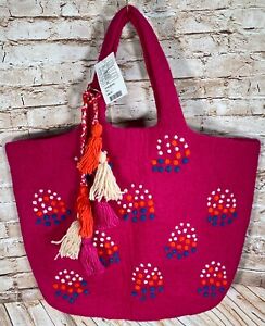 ANTHROPOLOGIE Felted Wool Large Tote Handmade Bag Pink w/Yarn Tassels NWT