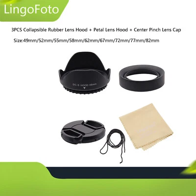 3X 49/55/58/67/72/77/82mm Collapsible Rubber Lens Hood +Petal Lens Hood+Lens Cap - image 1 of 4