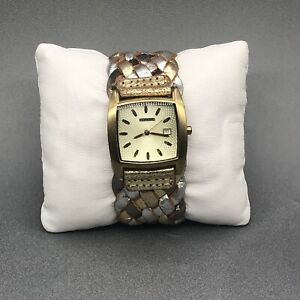 Fossil Watch Womens Gold Tone Woven Wide Cuff Band Date Indicator New Battery 