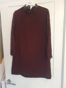 Original Topshop Burgundy Red Purple Shift Dress Lace Sleeves 10 Sixties Mod - Picture 1 of 5