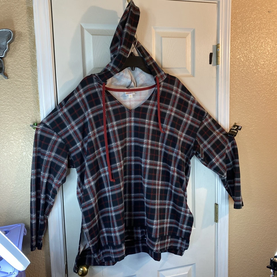 Lularoe Women PLUS 3XL Hoodie Sweatshirt Pullover V-Neck Drawstring Plaid Checks - Image 1 of 4
