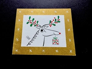 1 VTG Xmas Greeting Card Mischievous Deer W/ Mistletoe Antlers Offering Gift 🎁 - Picture 1 of 3