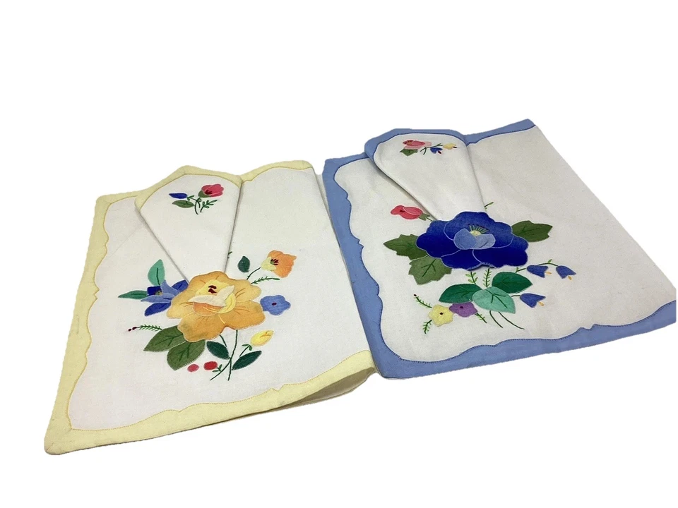 Vtg  Napkins & Placemats Blue/Yellow Floral Applique Sunham & Co. (2) Sets - Image 1 of 4