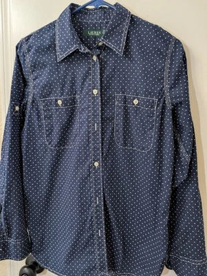 Lauren Ralph Lauren Womens Shirt Medium Navy Polka Dot Cotton Button Down Top Foto 1 de 4